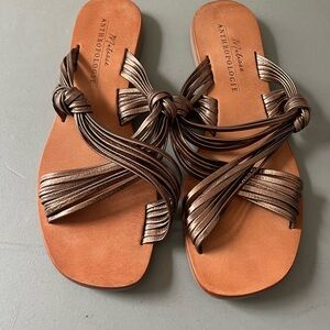 Anthropologie Metallic Brown Strappy Knotted Slide Sandals